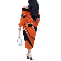 Custom Netherlands Football Off The Shoulder Long Sleeve Dress Dynamic Diagonal Stripe With Tulip Floral Patterns
