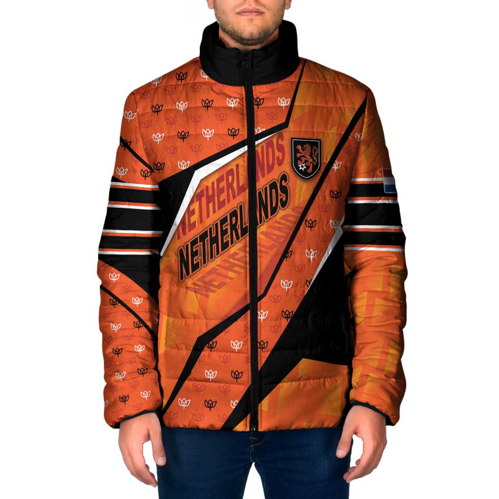 Custom Netherlands Football Padded Jacket Dynamic Diagonal Stripe With Tulip Floral Patterns