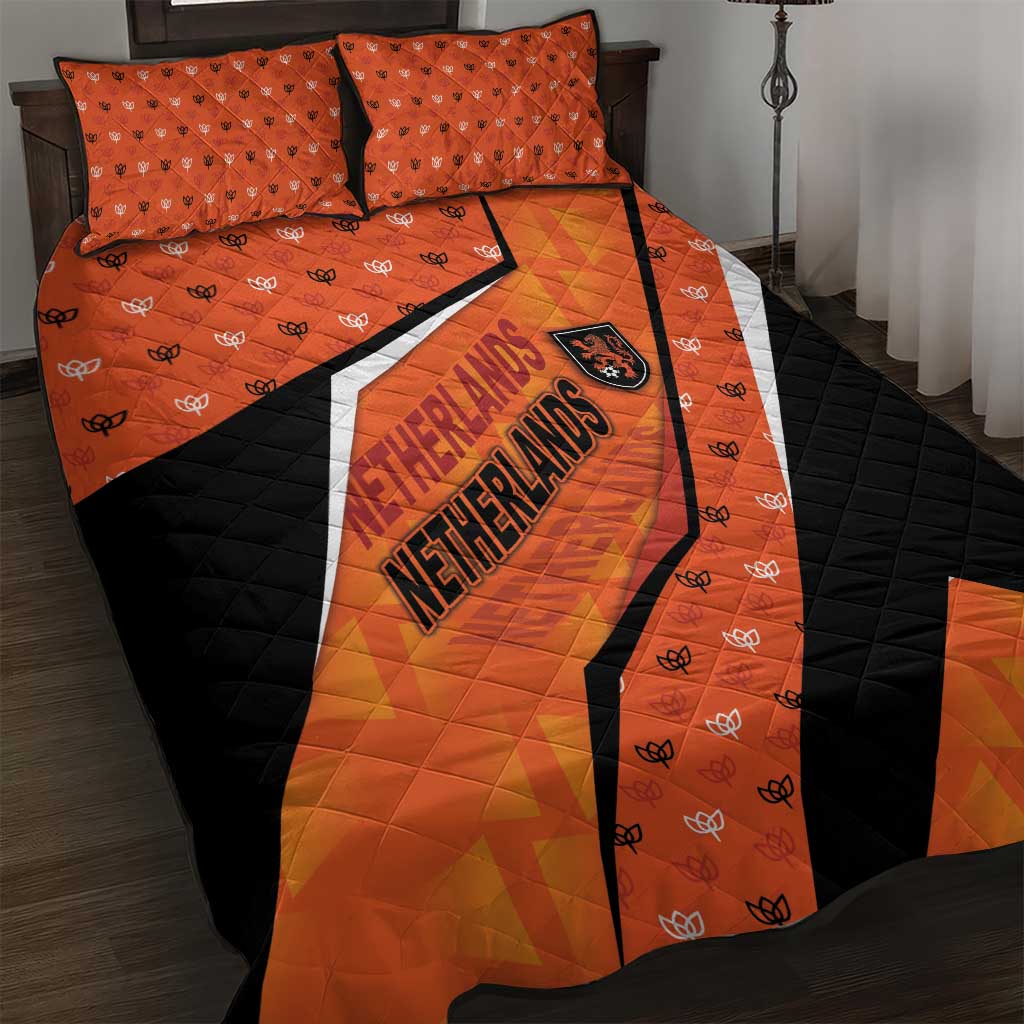 Netherlands Football Quilt Bed Set Dynamic Diagonal Stripe With Tulip Floral Patterns