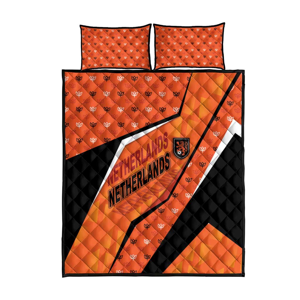Netherlands Football Quilt Bed Set Dynamic Diagonal Stripe With Tulip Floral Patterns