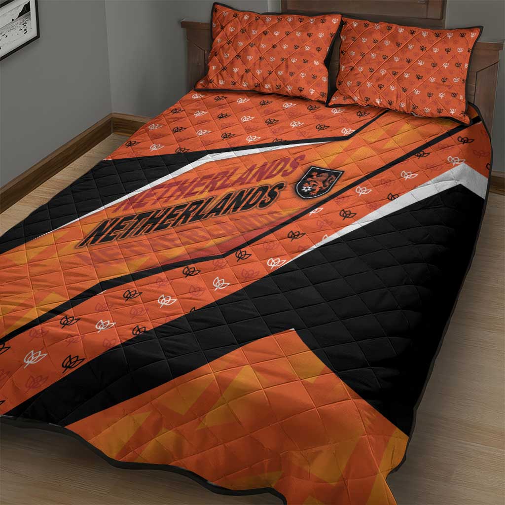 Netherlands Football Quilt Bed Set Dynamic Diagonal Stripe With Tulip Floral Patterns