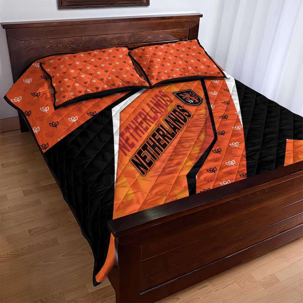 Netherlands Football Quilt Bed Set Dynamic Diagonal Stripe With Tulip Floral Patterns