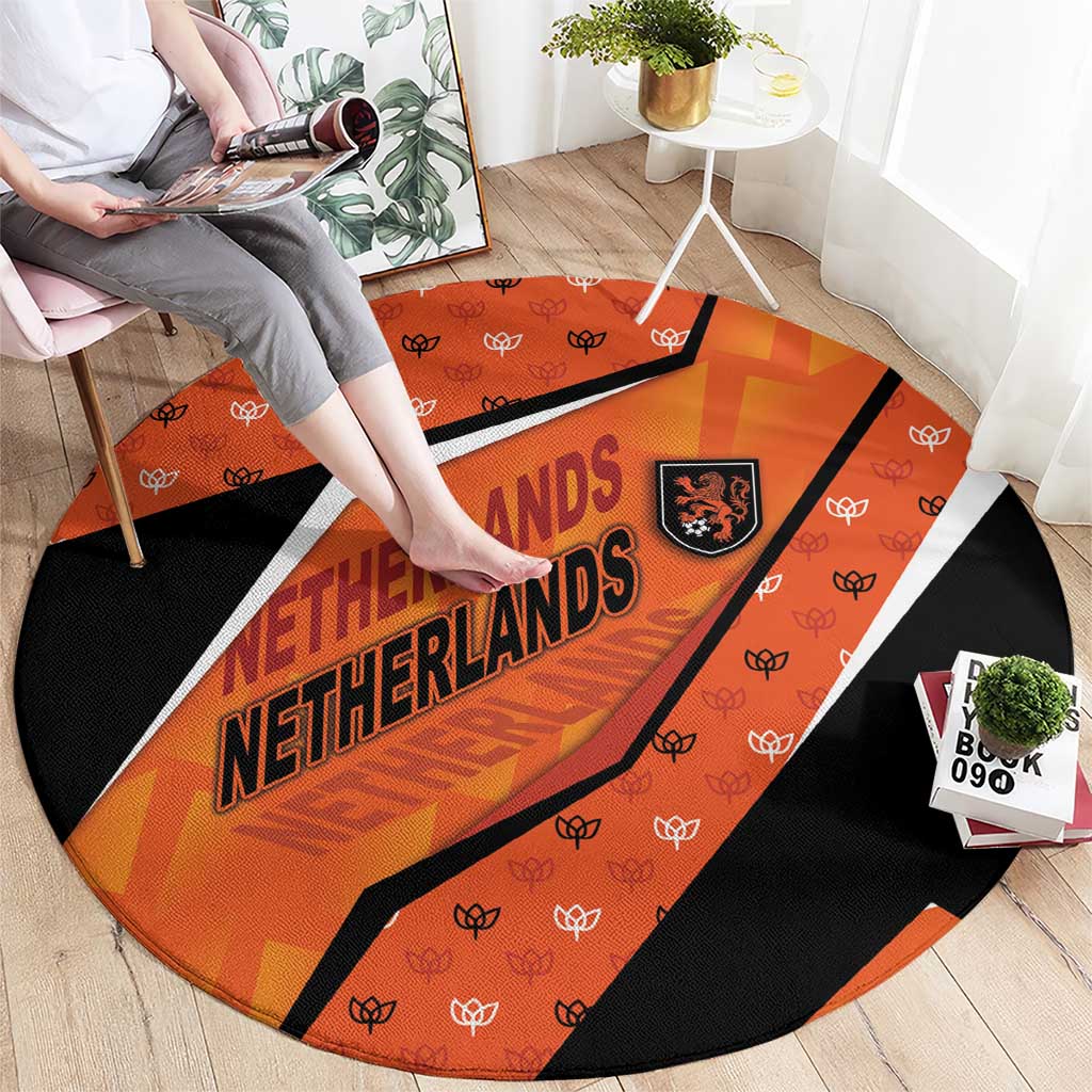 Netherlands Football Round Carpet Dynamic Diagonal Stripe With Tulip Floral Patterns