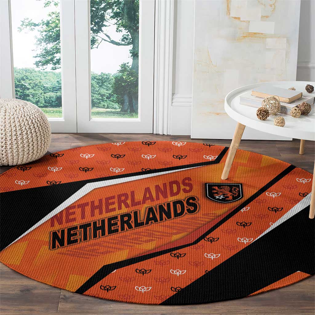 Netherlands Football Round Carpet Dynamic Diagonal Stripe With Tulip Floral Patterns