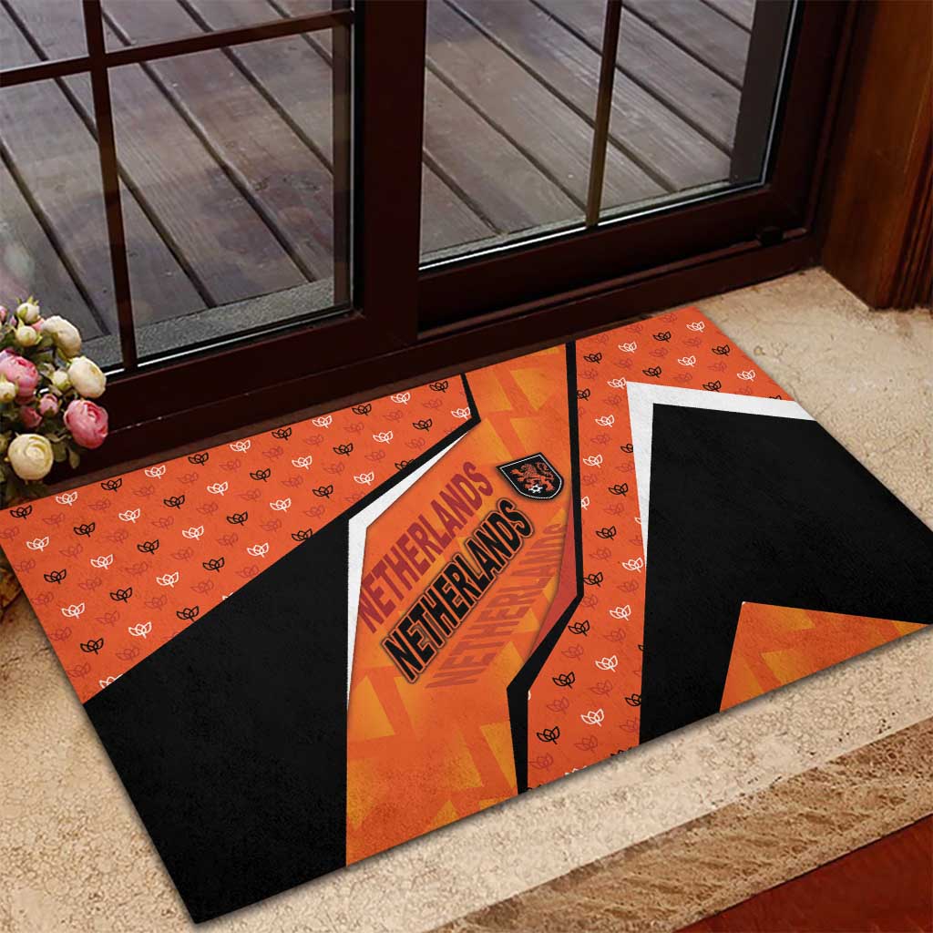 Netherlands Football Rubber Doormat Dynamic Diagonal Stripe With Tulip Floral Patterns