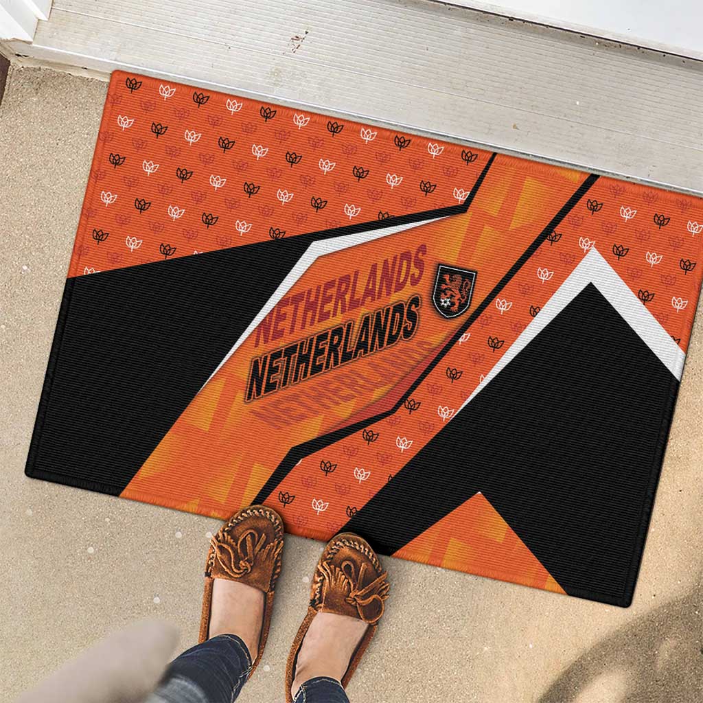 Netherlands Football Rubber Doormat Dynamic Diagonal Stripe With Tulip Floral Patterns