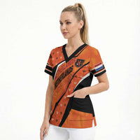 Custom Netherlands Football Scrub Top Dynamic Diagonal Stripe With Tulip Floral Patterns