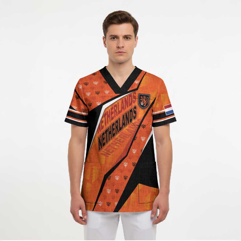 Custom Netherlands Football Scrub Top Dynamic Diagonal Stripe With Tulip Floral Patterns