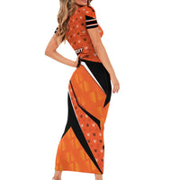 Custom Netherlands Football Short Sleeve Bodycon Dress Dynamic Diagonal Stripe With Tulip Floral Patterns