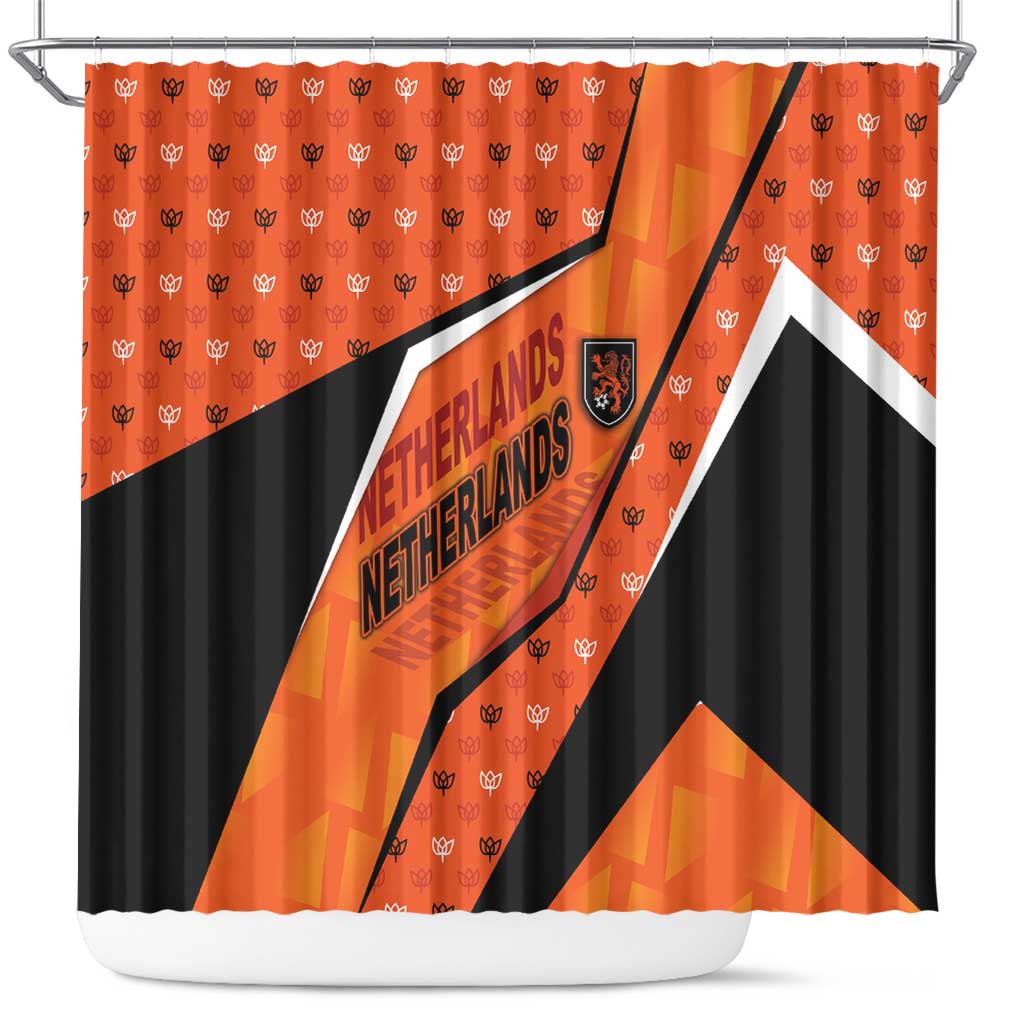 Netherlands Football Shower Curtain Dynamic Diagonal Stripe With Tulip Floral Patterns