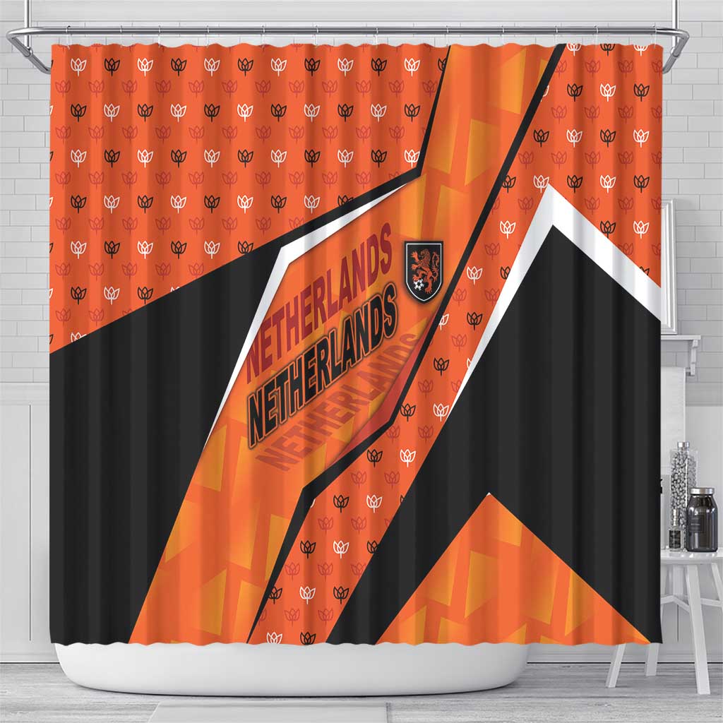 Netherlands Football Shower Curtain Dynamic Diagonal Stripe With Tulip Floral Patterns