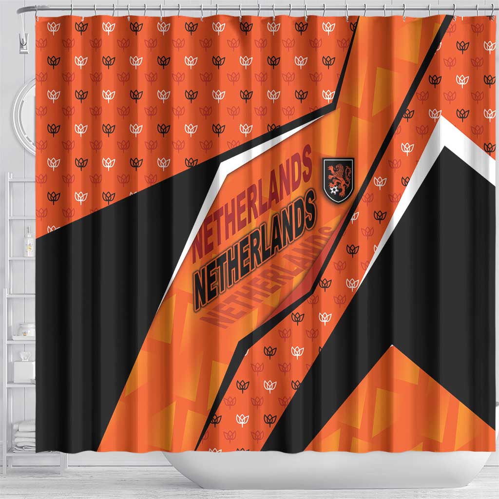 Netherlands Football Shower Curtain Dynamic Diagonal Stripe With Tulip Floral Patterns