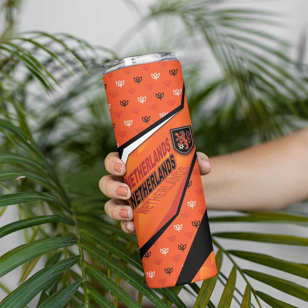 Custom Netherlands Football Skinny Tumbler Dynamic Diagonal Stripe With Tulip Floral Patterns