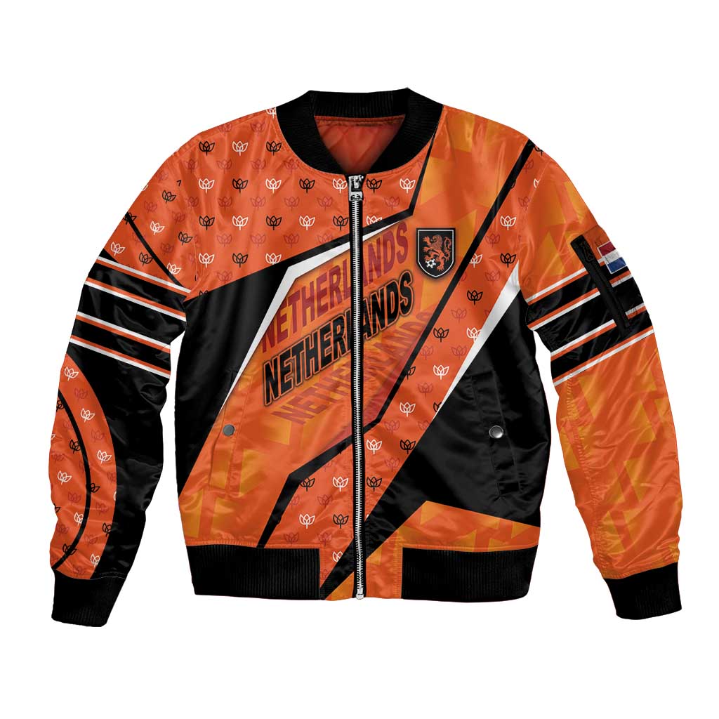 Custom Netherlands Football Sleeve Zip Bomber Jacket Dynamic Diagonal Stripe With Tulip Floral Patterns