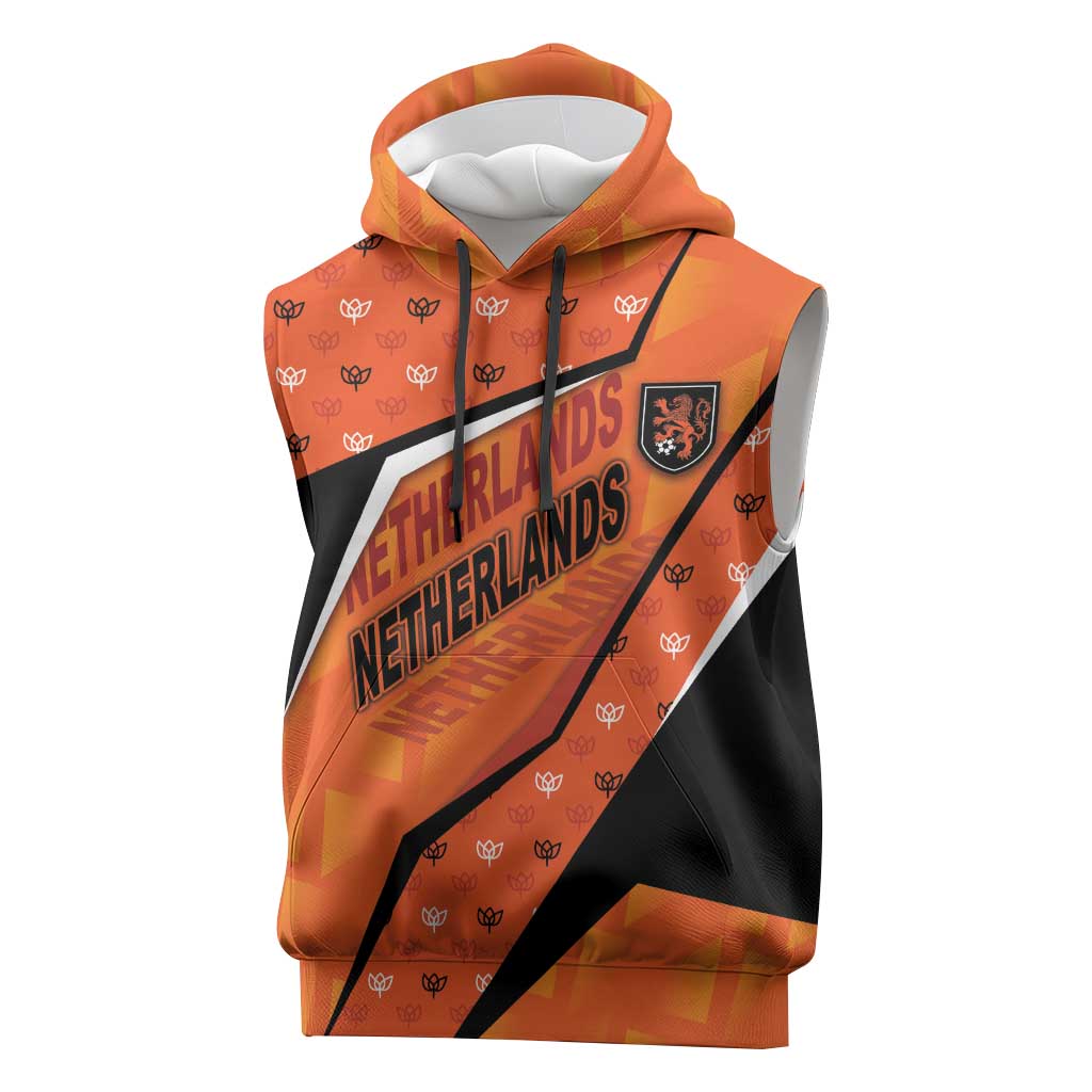 Custom Netherlands Football Sleeveless Hoodie Dynamic Diagonal Stripe With Tulip Floral Patterns