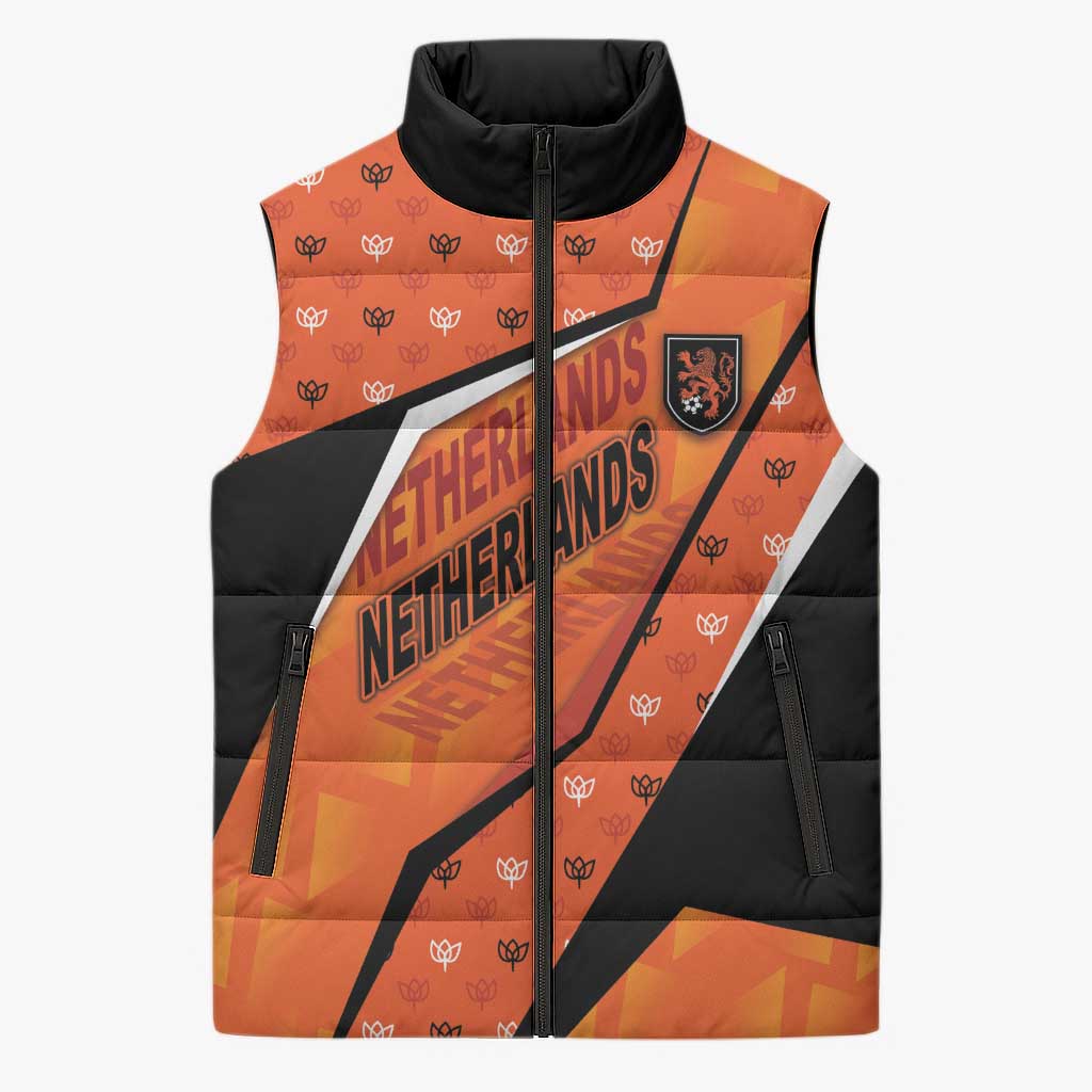 Custom Netherlands Football Sleeveless Puffer Jacket Dynamic Diagonal Stripe With Tulip Floral Patterns