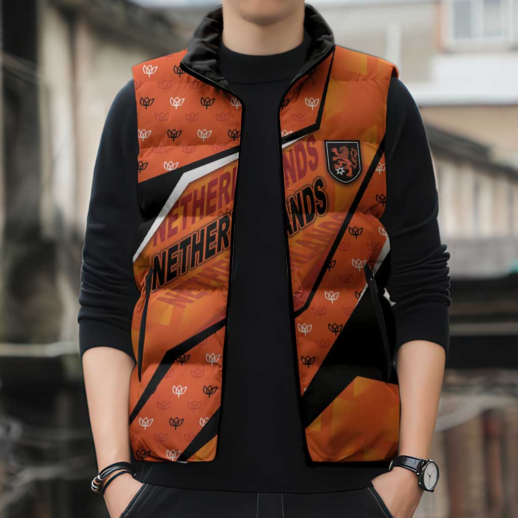 Custom Netherlands Football Sleeveless Puffer Jacket Dynamic Diagonal Stripe With Tulip Floral Patterns