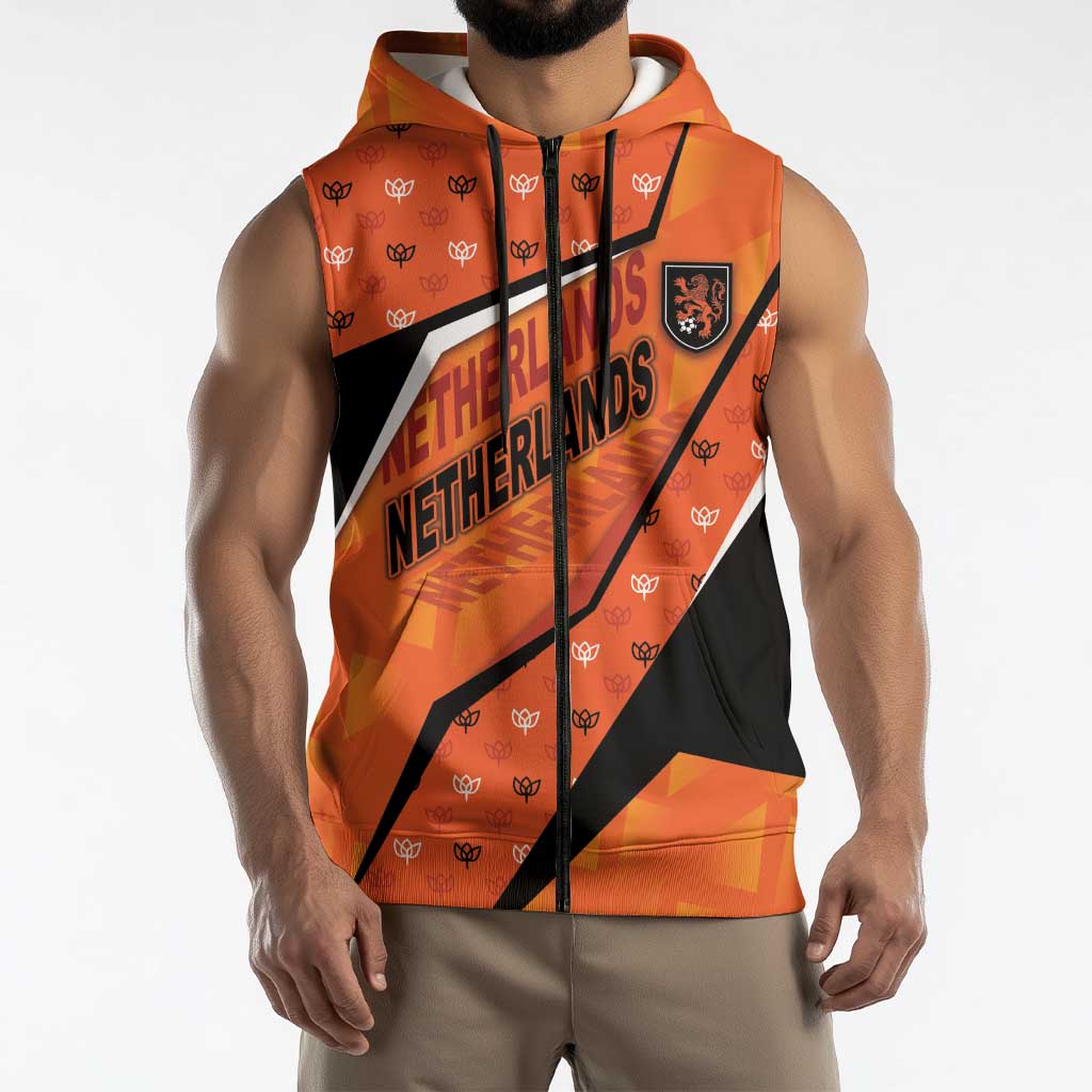 Custom Netherlands Football Sleeveless Zip Hoodie Dynamic Diagonal Stripe With Tulip Floral Patterns
