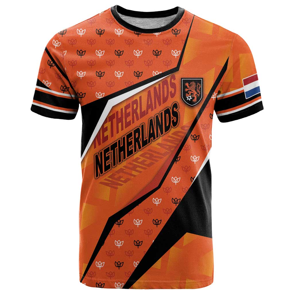 Custom Netherlands Football T Shirt Dynamic Diagonal Stripe With Tulip Floral Patterns