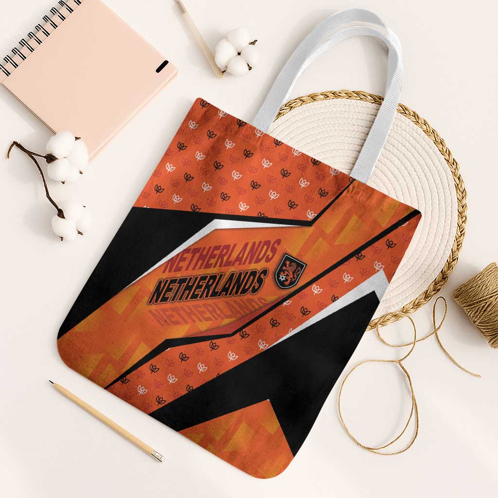 Netherlands Football Tote Bag Dynamic Diagonal Stripe With Tulip Floral Patterns