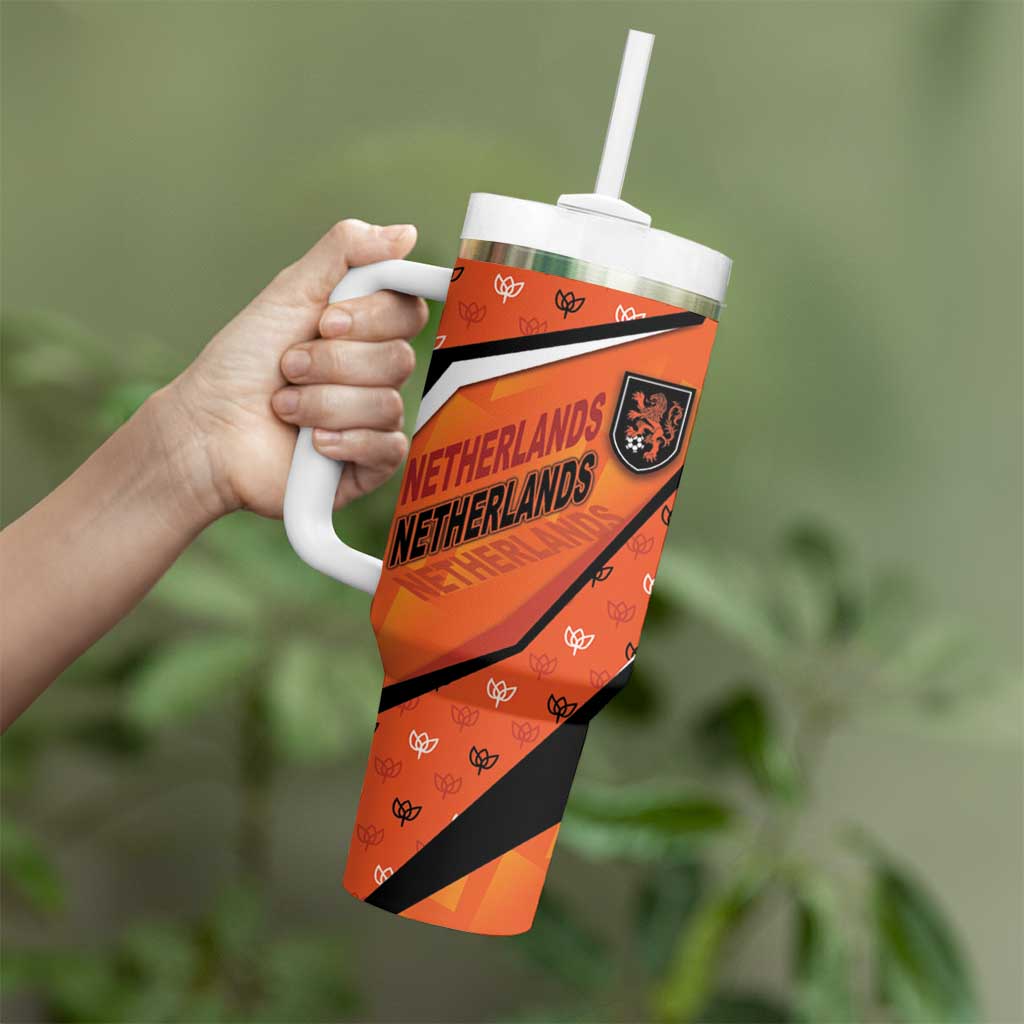 Custom Netherlands Football Tumbler With Handle Dynamic Diagonal Stripe With Tulip Floral Patterns