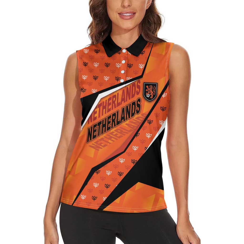 Custom Netherlands Football Women Sleeveless Polo Shirt Dynamic Diagonal Stripe With Tulip Floral Patterns