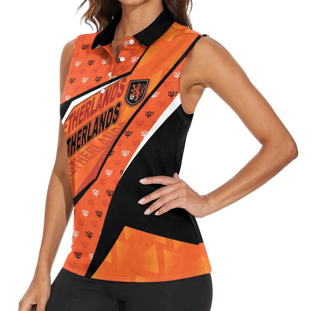 Custom Netherlands Football Women Sleeveless Polo Shirt Dynamic Diagonal Stripe With Tulip Floral Patterns