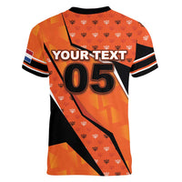 Custom Netherlands Football Women V-Neck T-Shirt Dynamic Diagonal Stripe With Tulip Floral Patterns