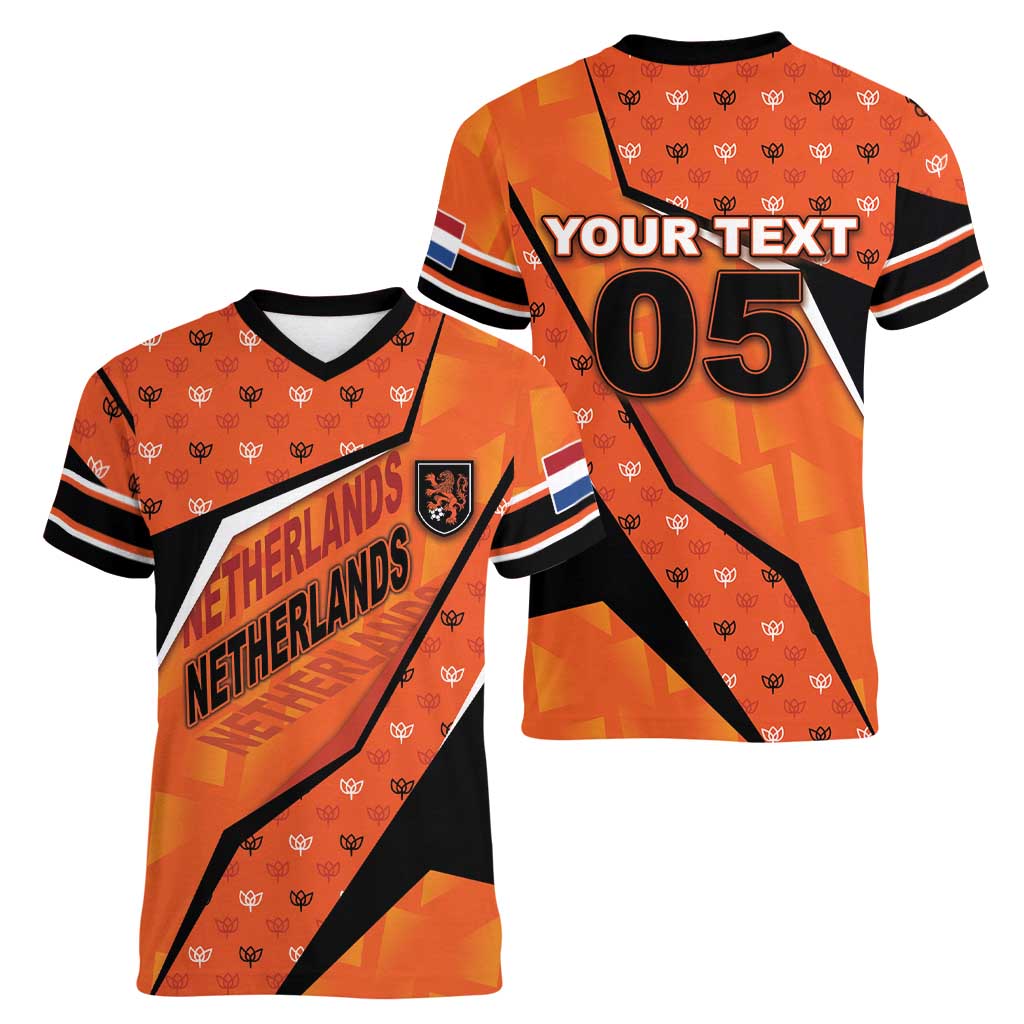 Custom Netherlands Football Women V-Neck T-Shirt Dynamic Diagonal Stripe With Tulip Floral Patterns