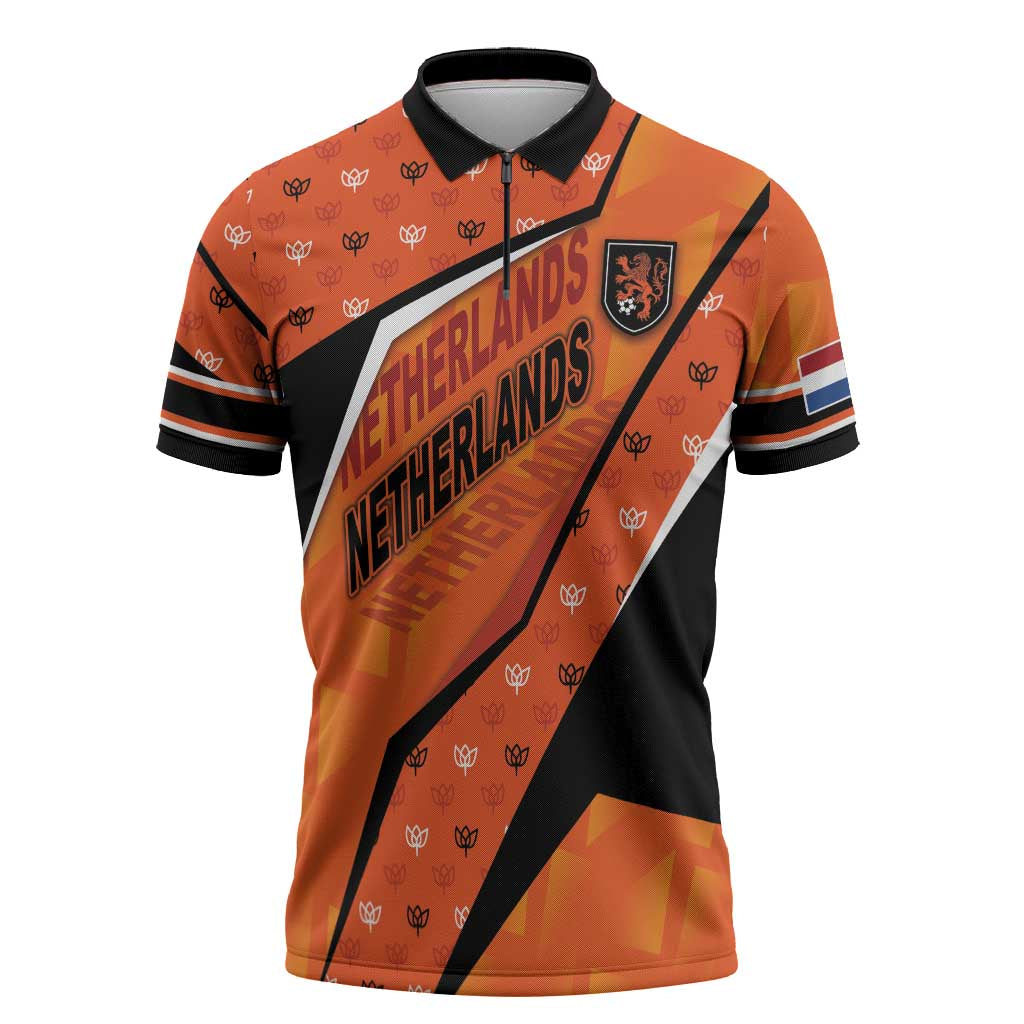 Custom Netherlands Football Zipper Polo Shirt Dynamic Diagonal Stripe With Tulip Floral Patterns