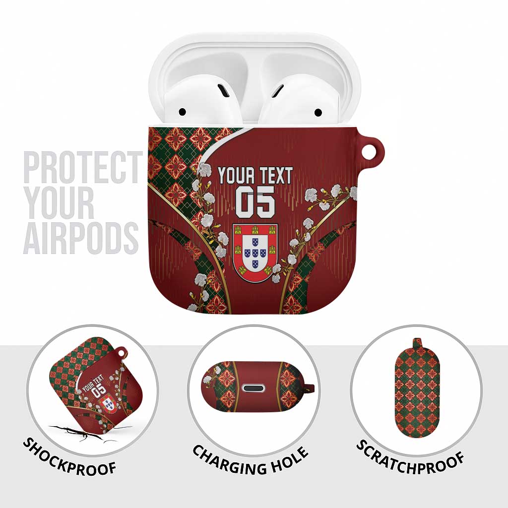 Custom Portugal Football AirPods Case Floral Gold Carnation Crest Pattern Gold Accents