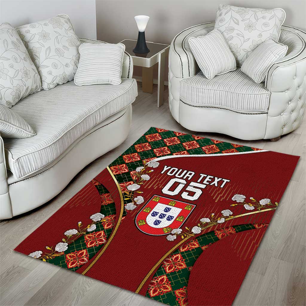 Custom Portugal Football Area Rug Floral Gold Carnation Crest Pattern Gold Accents