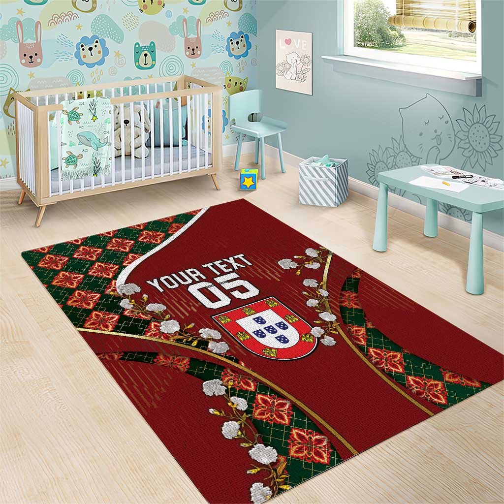 Custom Portugal Football Area Rug Floral Gold Carnation Crest Pattern Gold Accents