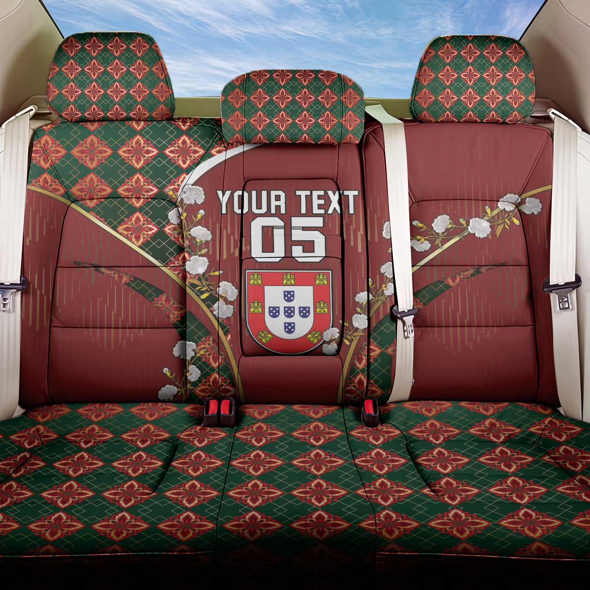 Custom Portugal Football Back Car Seat Cover Floral Gold Carnation Crest Pattern Gold Accents