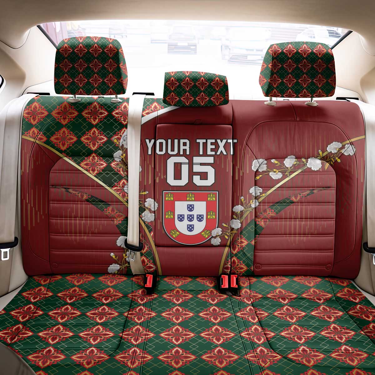 Custom Portugal Football Back Car Seat Cover Floral Gold Carnation Crest Pattern Gold Accents