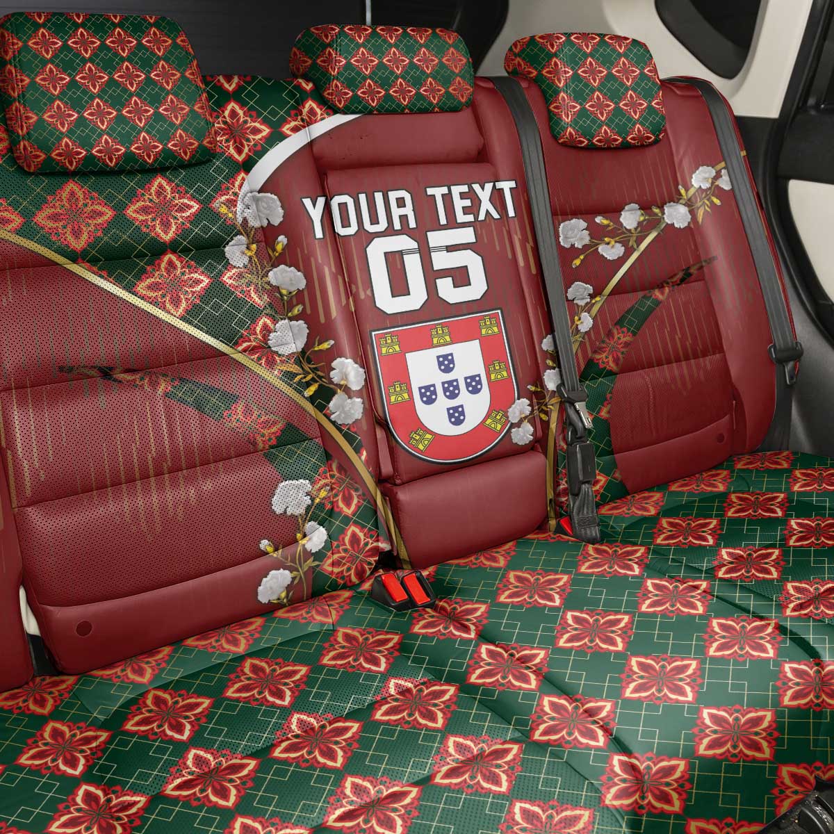 Custom Portugal Football Back Car Seat Cover Floral Gold Carnation Crest Pattern Gold Accents