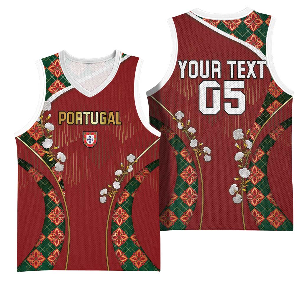 Custom Portugal Football Basketball Jersey Floral Gold Carnation Crest Pattern Gold Accents