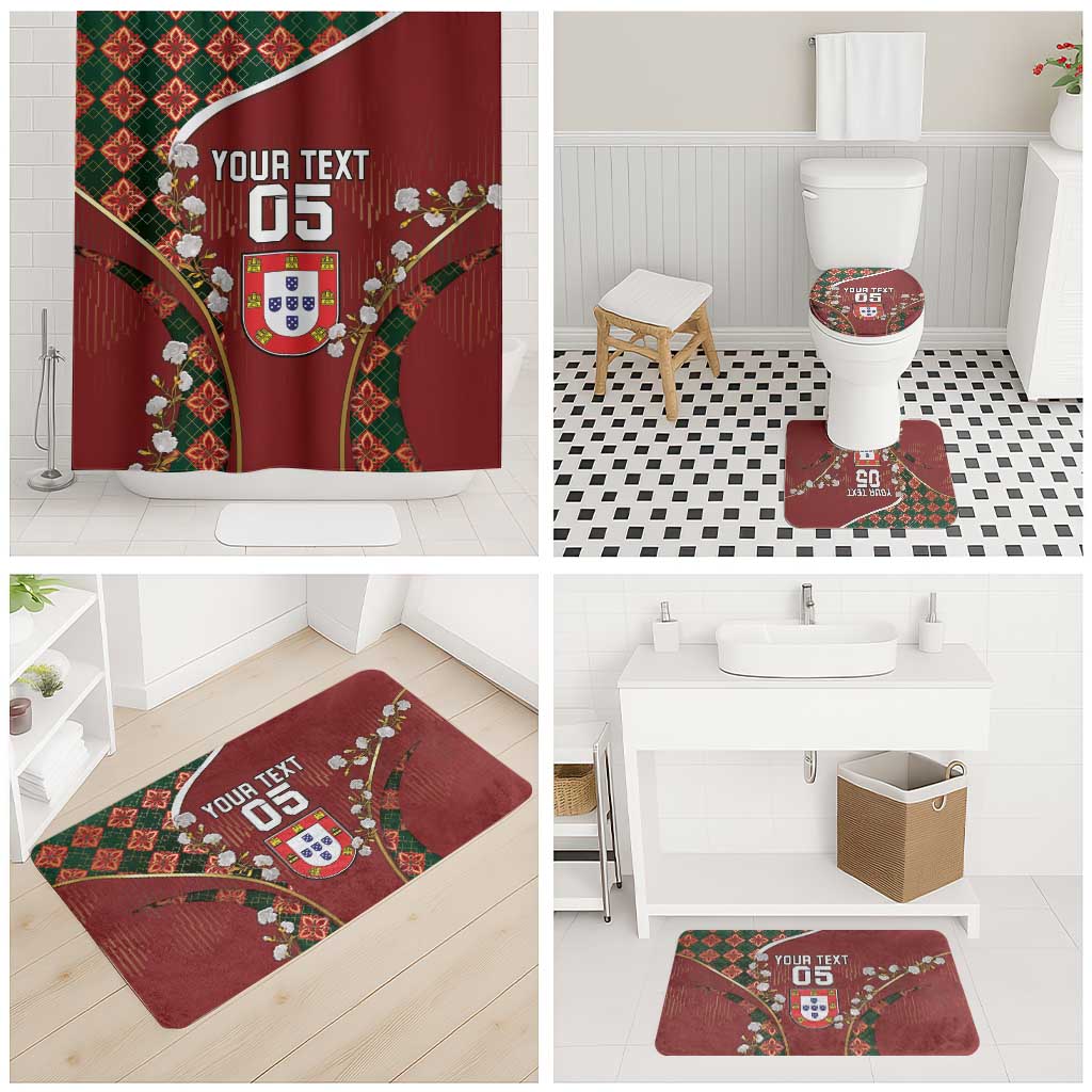 Custom Portugal Football Bathroom Set Floral Gold Carnation Crest Pattern Gold Accents