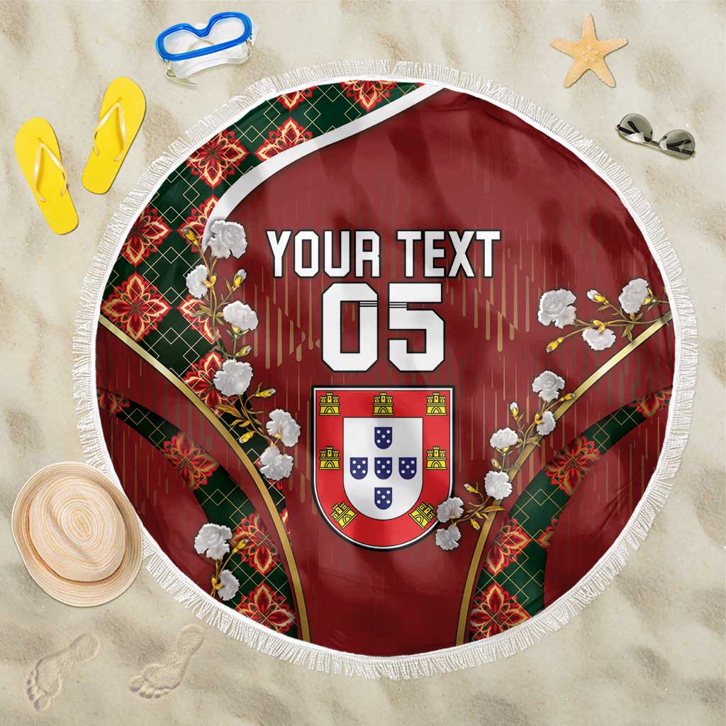 Custom Portugal Football Beach Blanket Floral Gold Carnation Crest Pattern Gold Accents