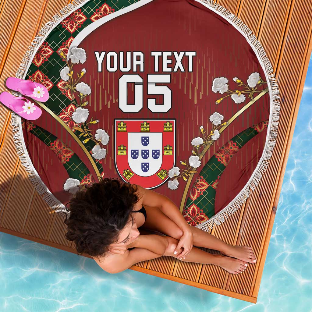 Custom Portugal Football Beach Blanket Floral Gold Carnation Crest Pattern Gold Accents