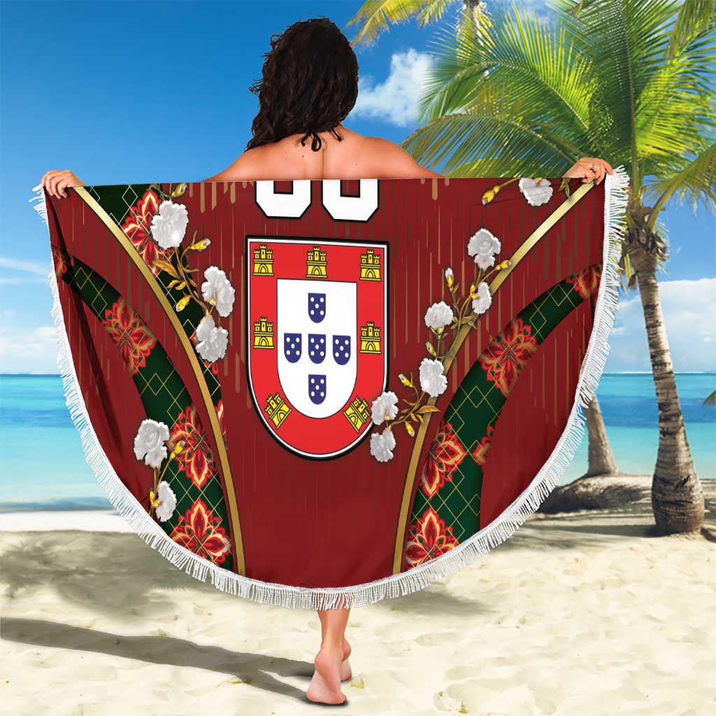 Custom Portugal Football Beach Blanket Floral Gold Carnation Crest Pattern Gold Accents