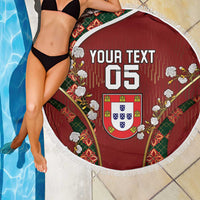Custom Portugal Football Beach Blanket Floral Gold Carnation Crest Pattern Gold Accents