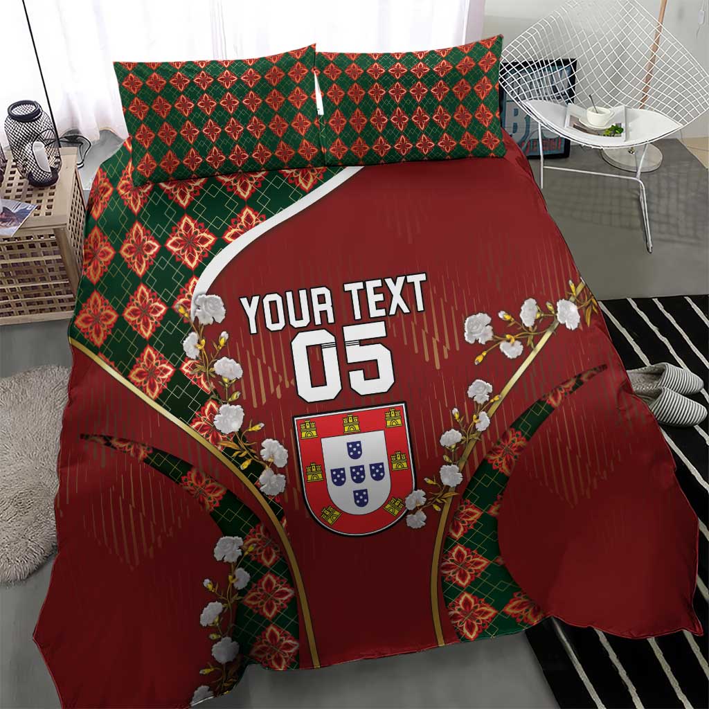 Custom Portugal Football Bedding Set Floral Gold Carnation Crest Pattern Gold Accents