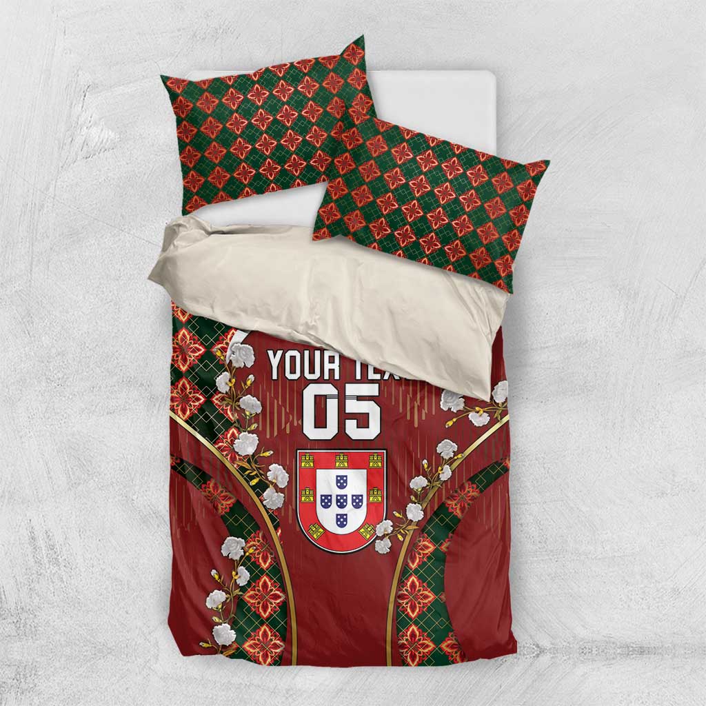 Custom Portugal Football Bedding Set Floral Gold Carnation Crest Pattern Gold Accents