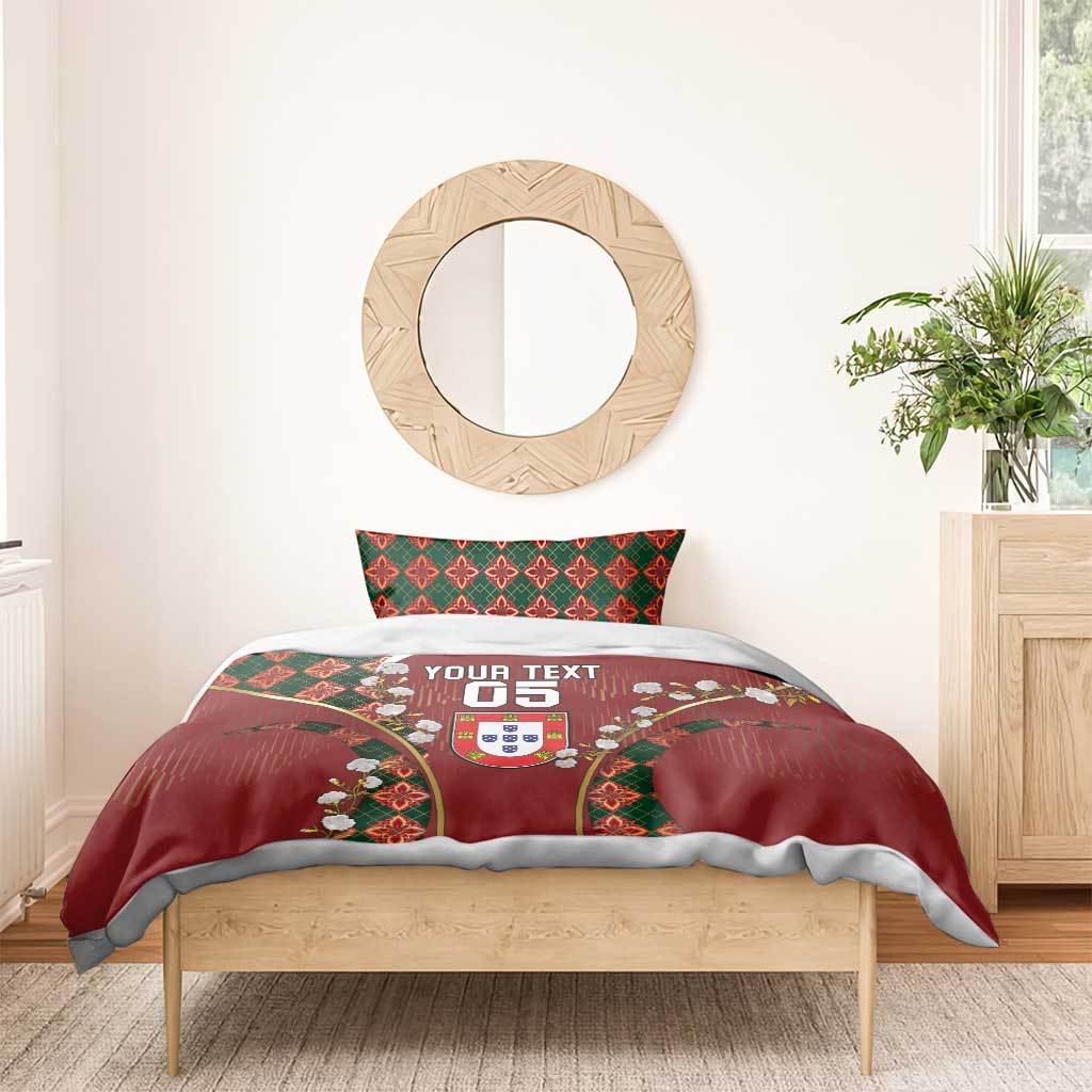 Custom Portugal Football Bedding Set Floral Gold Carnation Crest Pattern Gold Accents
