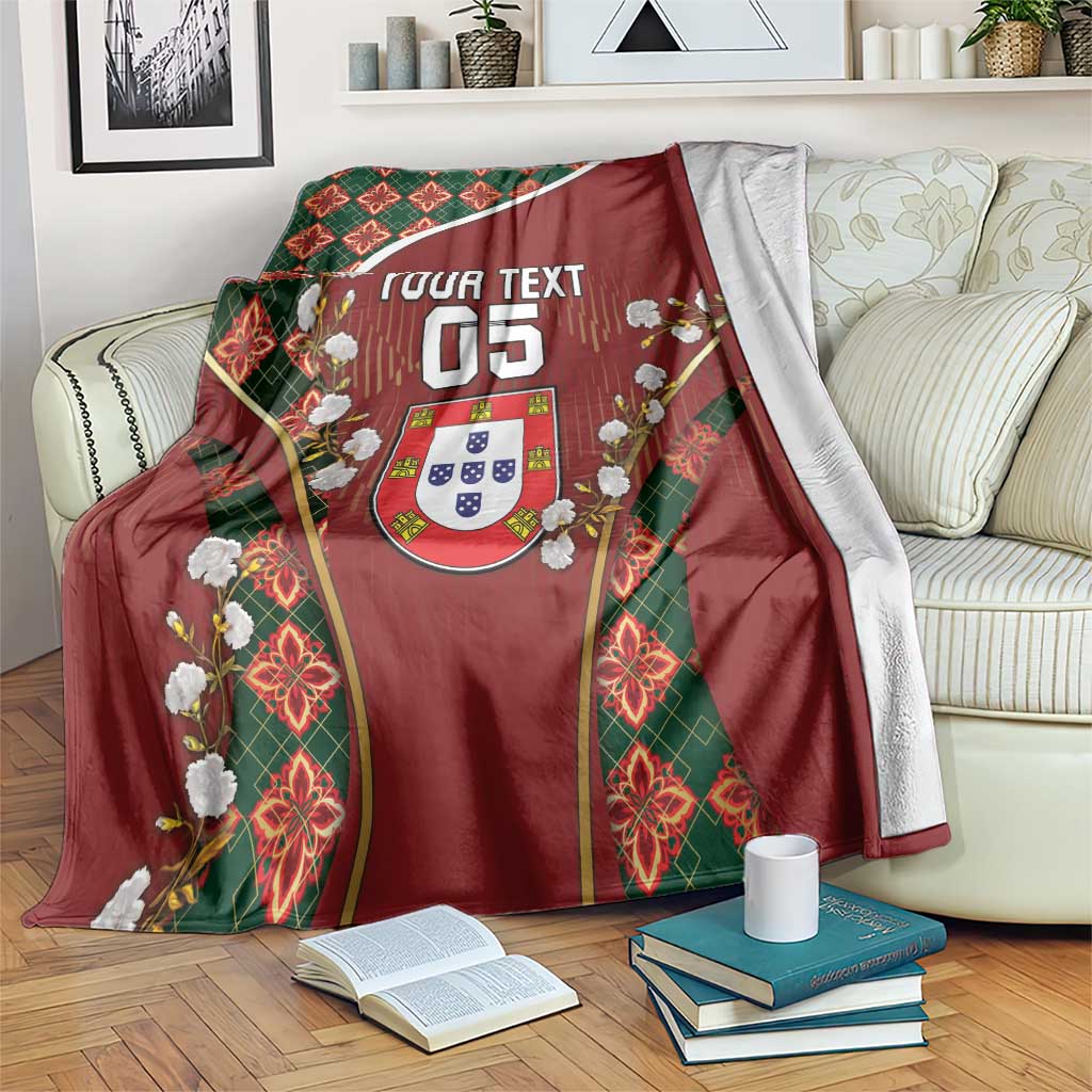 Custom Portugal Football Blanket Floral Gold Carnation Crest Pattern Gold Accents