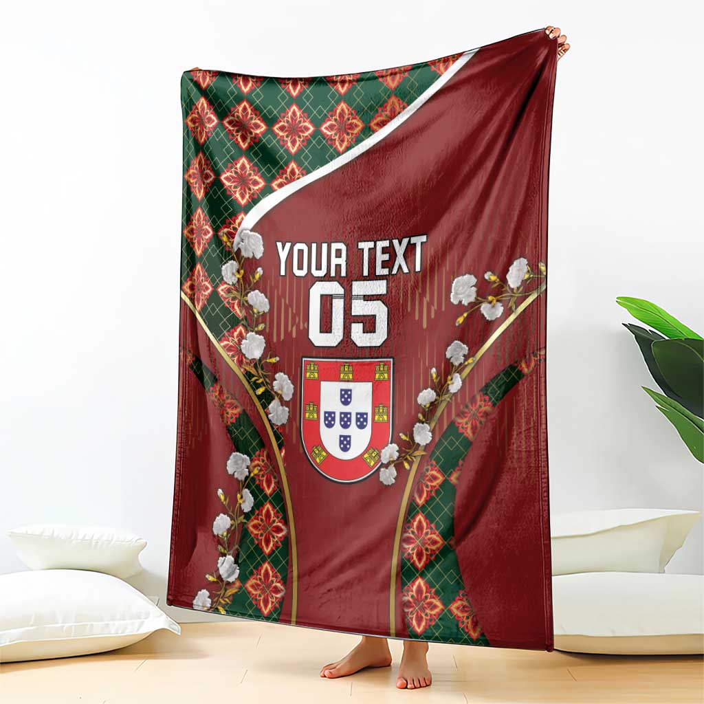 Custom Portugal Football Blanket Floral Gold Carnation Crest Pattern Gold Accents