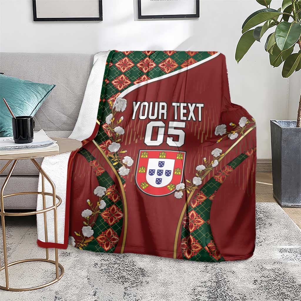 Custom Portugal Football Blanket Floral Gold Carnation Crest Pattern Gold Accents