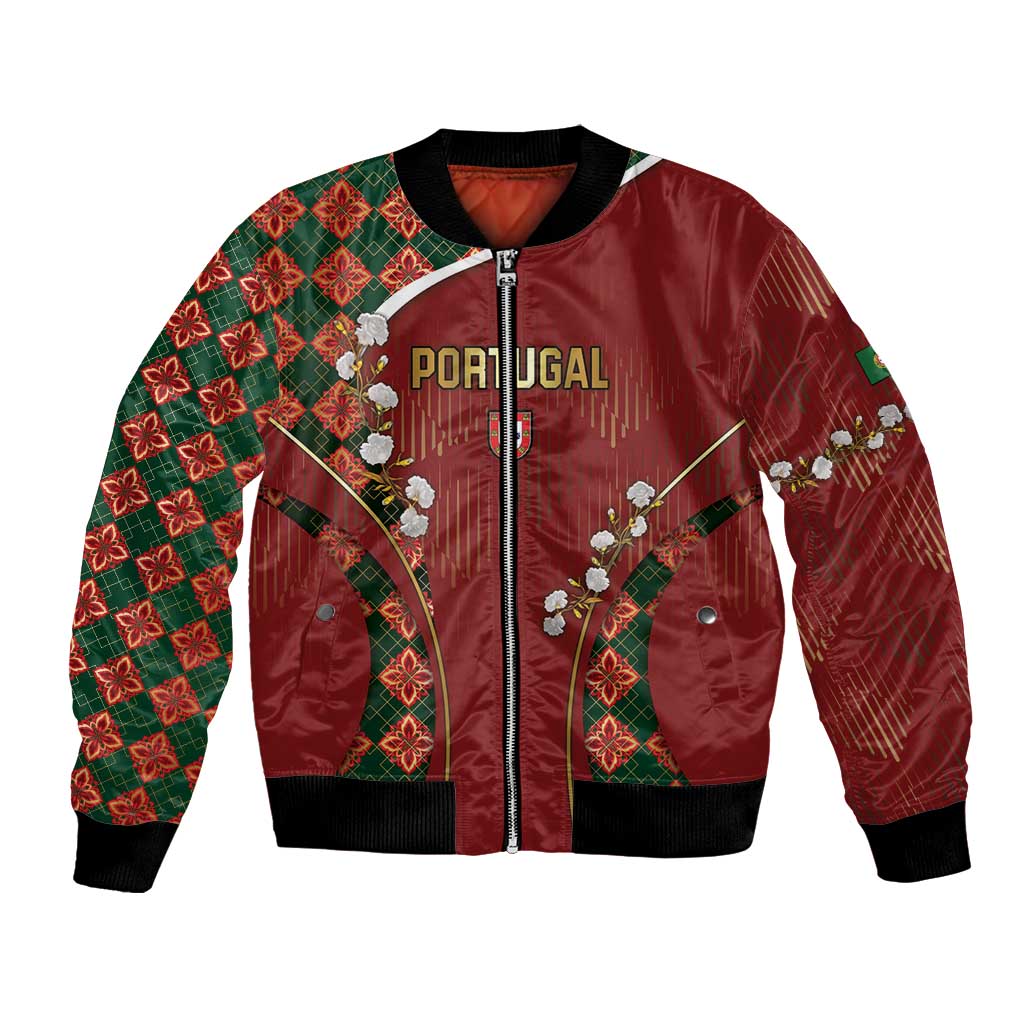 Custom Portugal Football Bomber Jacket Floral Gold Carnation Crest Pattern Gold Accents