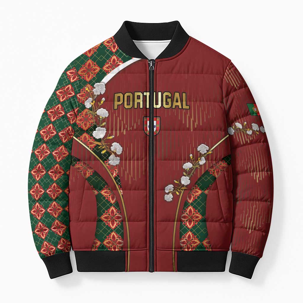 Custom Portugal Football Bomber Puffer Jacket Floral Gold Carnation Crest Pattern Gold Accents